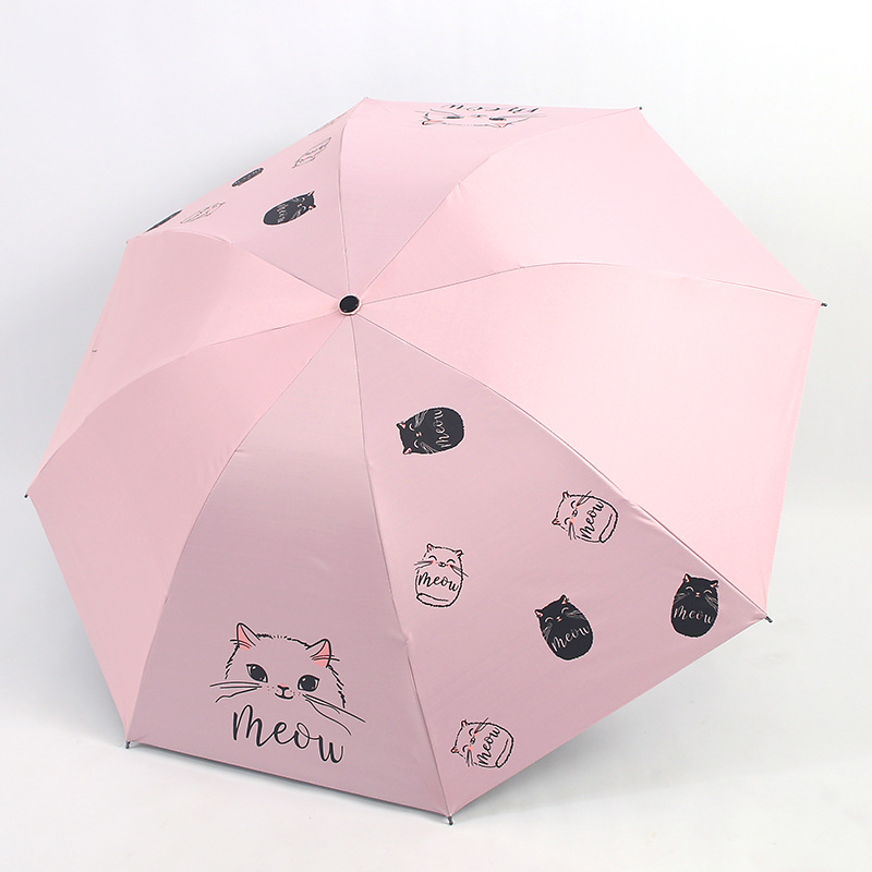 Umbrelă pliabilă cu design pisică desen animat, imprimare logo, UPF>40, 8 brațe din oțel, pânză 190T