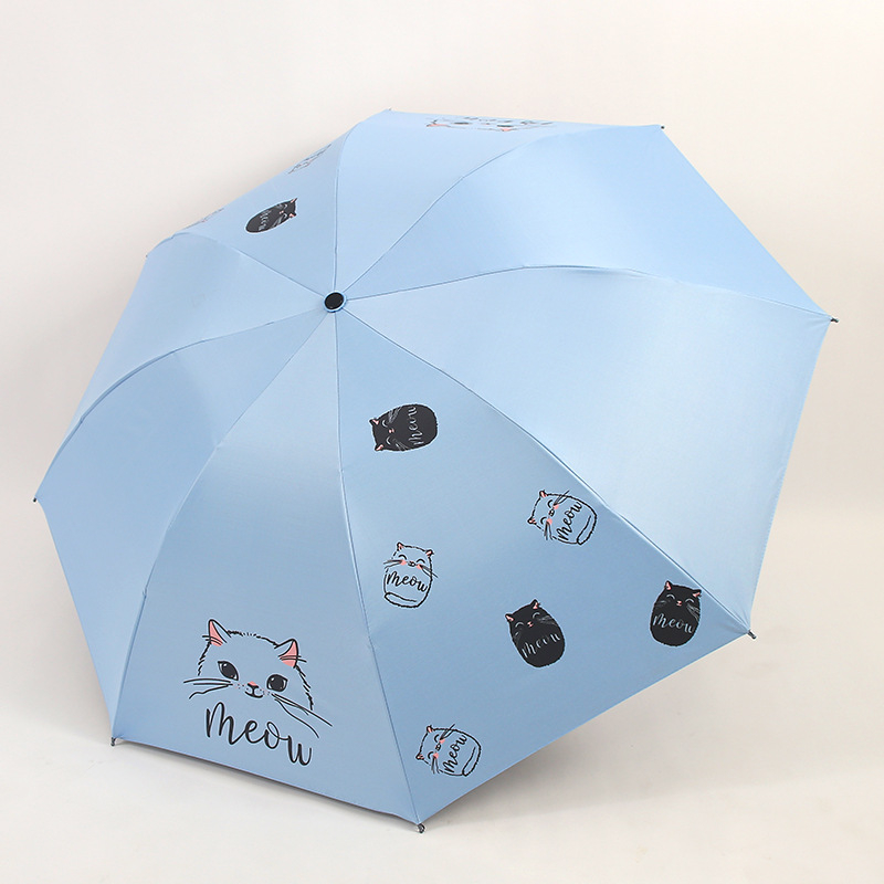 Umbrelă pliabilă cu design pisică desen animat, imprimare logo, UPF>40, 8 brațe din oțel, pânză 190T