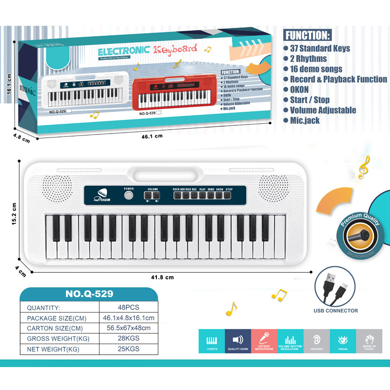 Tastatură electronică pentru copii, cu 37 de taste, din plastic, brand Hubao, origine Chenghai, Guangdong, potrivită pentru vârstele 4–6 ani