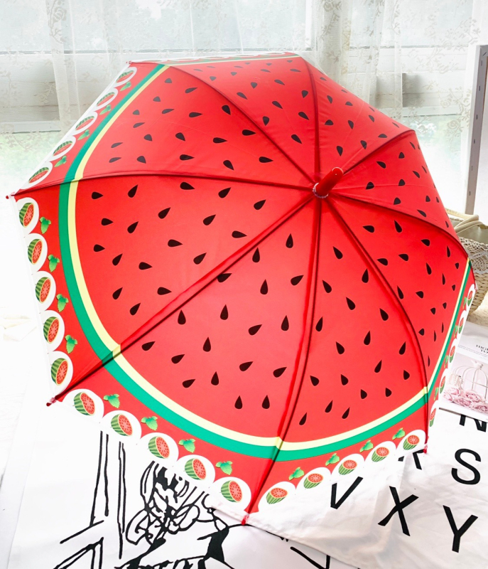 Detský dlhý dážďnik s automatickým otvorením, rám zo šiestich oceľových lúčov, polyester 170T, ovocný vzor