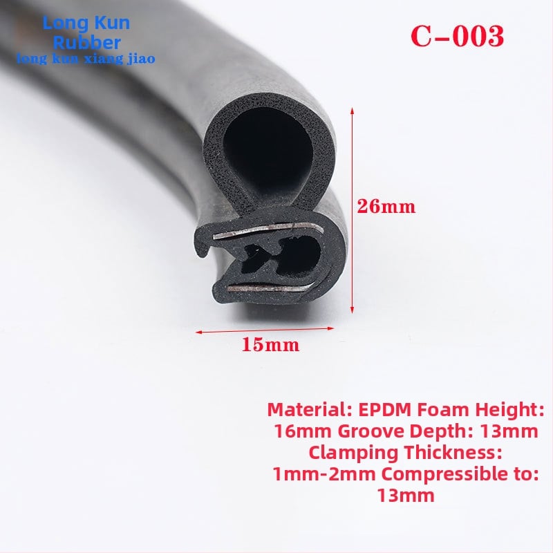 U-alakú gumiszigetelő profil autóajtókhoz és ablakokhoz, szilikon éllel; vízálló és porálló; magas hőmérséklet-tűrés, korrózió- és öregedésállóság.