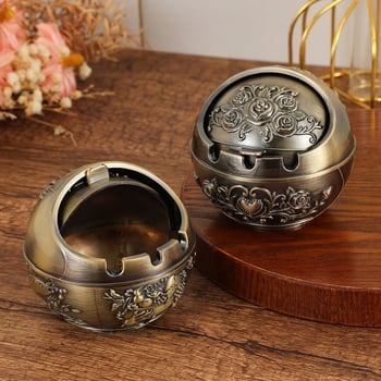 Pepeljara s motivom ruže, aluminijska legura, retro stil, s poklopcem, ponovno upotrebljiv