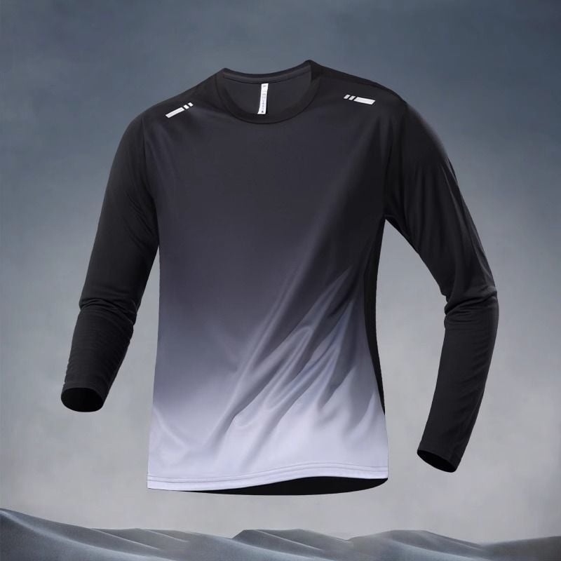 Muška sportska majica s dugim rukavima, brzo sušeći poliester, slobodan kroj, okrugli vrat, kontrastni detalji, 160–180 g/m²