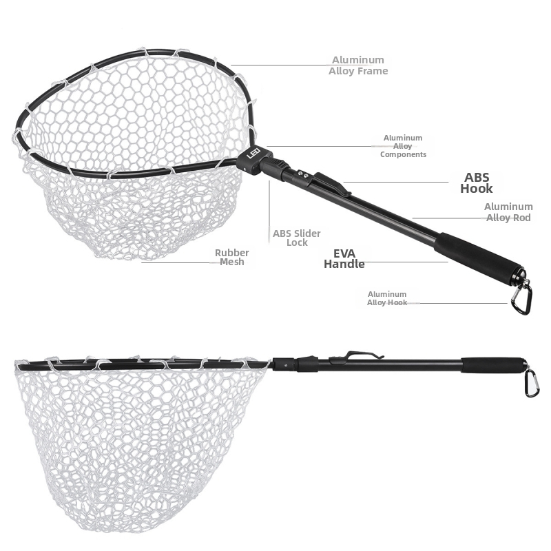 Prijenosna mreža za raft za ribolov s aluminijskim okvirom, sklopiva gumena mreža, otvor 40×33 cm, dubina mreže 26 cm; materijali: aluminijska zlitina, EVA, ABS; podrijetlo: Kina