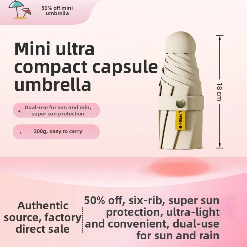 Ženska kapsulna kišobran s UV zaštitom, dvostruka namjena za sunce i kišu, mini, lagan, kompaktan, prijenosiv