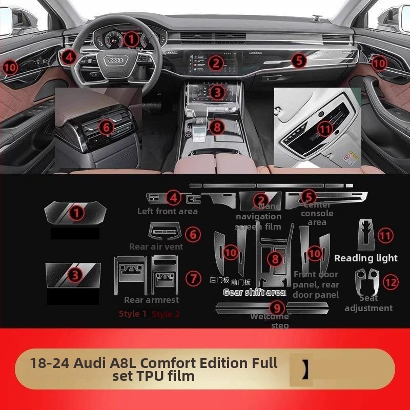 TPU φιλμ εσωτερικής προστασίας για κεντρική κονσόλα και πίνακα οργάνων Audi A8L/S8, διαφανές αυτοκόλλητο για περιοχή επιλογέα ταχυτήτων