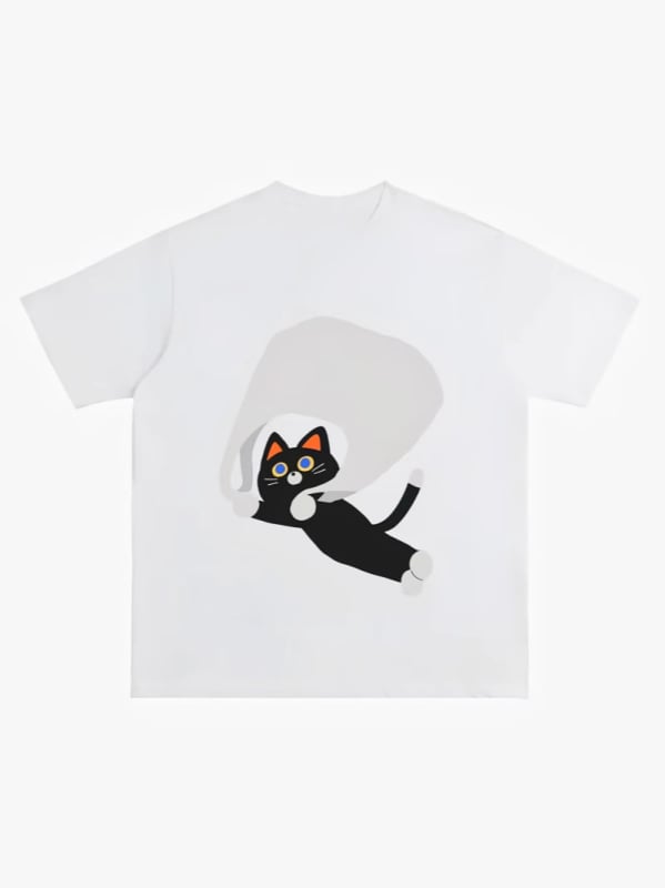 Parachute Cat majica – crtani uzorak, 100% pamuk, labav kroj, okrugli izrez