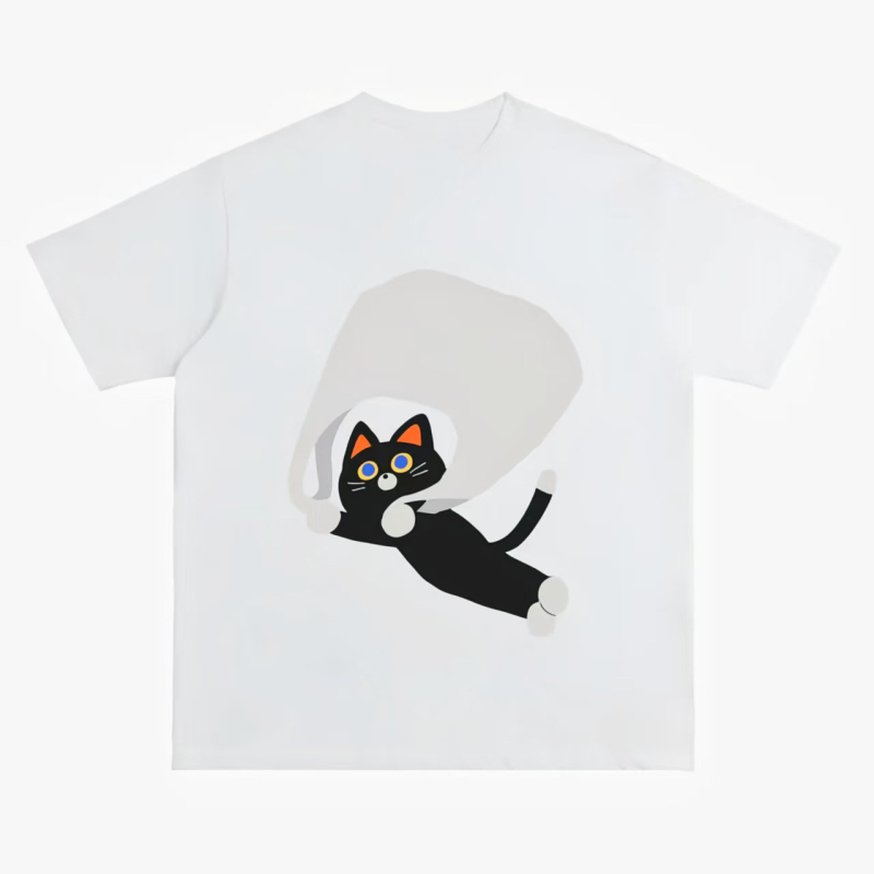 Parachute Cat majica – crtani uzorak, 100% pamuk, labav kroj, okrugli izrez
