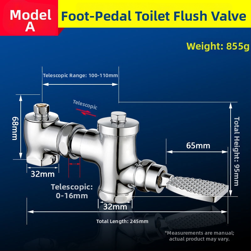 Horizontalni ventili s pedalom za squat WC, teleskopijski, ručno ispiranje i automatsko isključivanje; Materijal: bakar; Vrijeme ispiranja: 5 s; Promjer izlaza: 32 mm; Radni tlak: 1.0