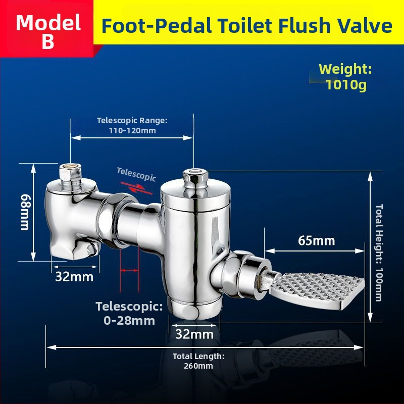 Horizontalni ventili s pedalom za squat WC, teleskopijski, ručno ispiranje i automatsko isključivanje; Materijal: bakar; Vrijeme ispiranja: 5 s; Promjer izlaza: 32 mm; Radni tlak: 1.0