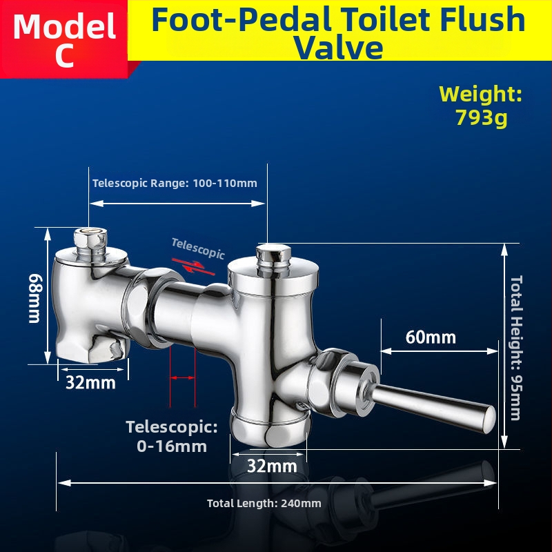 Horizontalni ventili s pedalom za squat WC, teleskopijski, ručno ispiranje i automatsko isključivanje; Materijal: bakar; Vrijeme ispiranja: 5 s; Promjer izlaza: 32 mm; Radni tlak: 1.0