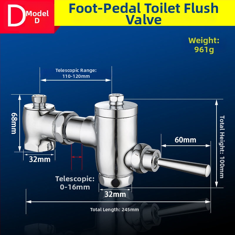 Horizontalni ventili s pedalom za squat WC, teleskopijski, ručno ispiranje i automatsko isključivanje; Materijal: bakar; Vrijeme ispiranja: 5 s; Promjer izlaza: 32 mm; Radni tlak: 1.0