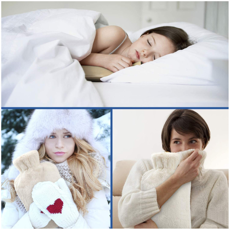 2 L-es vízmelegítő palack, négyszögletes formájú, természetes gumi + plüss, kéz- és lábmelegítő, levehető és mosható