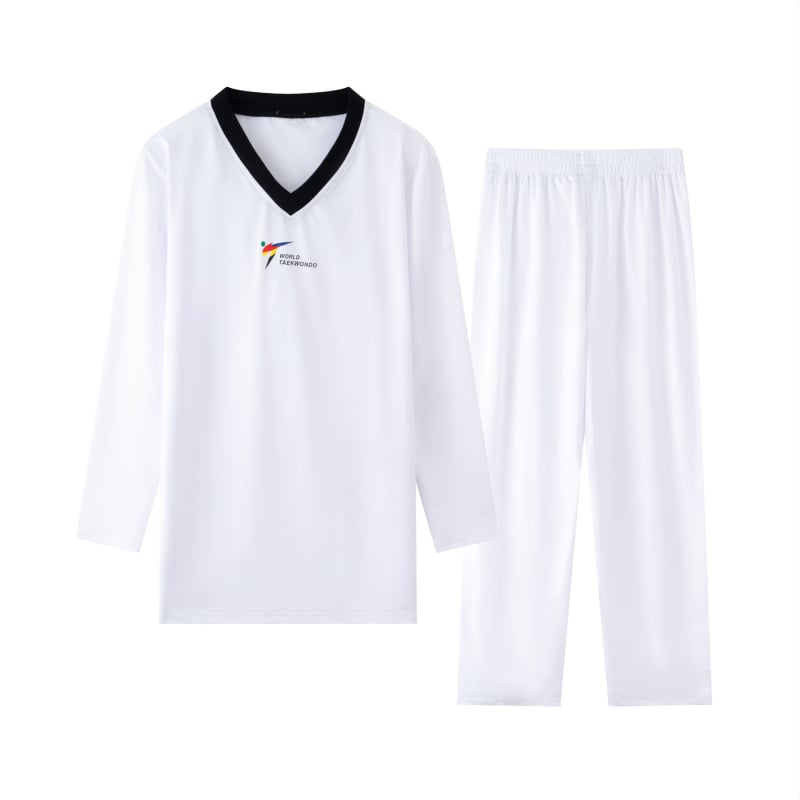 Taekwondo natjecateljska uniforma – produžena verzija, brzo se suši, prozračna, prilagodljiva; materijal: smjesa kemijskih vlakana (88% polyester); podstava: Milk Silk (100% Milk Silk)