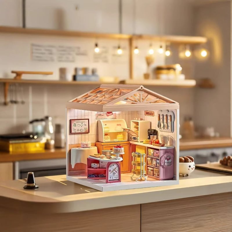 3D slagalica za sastavljanje – DIY mini kućica model sa scenom mačjeg kafića i pekare, plastična konstrukcija, za uzrast 14+