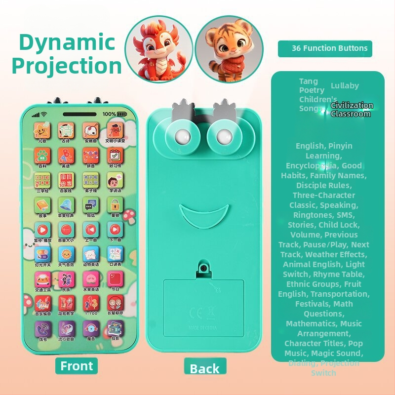 Edukovani dječji telefonski telefon s projektorom, USB punjenje, ABS kućište, za djecu 0–3 godine, interaktivne glazbene značajke