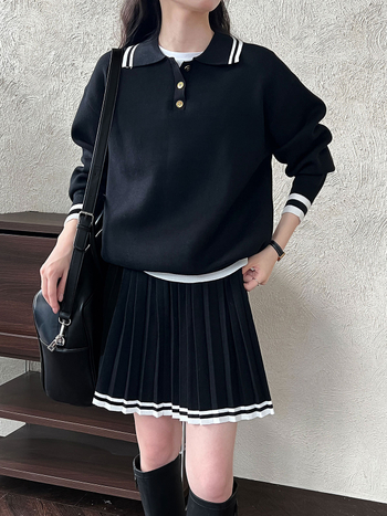 Kostim sa suknjom — pulover s polo-okragnom i plisirana suknja visokog struka, Usklađenost boja, Viskoza 50–70%, Jesen 2025