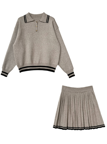 Kostim sa suknjom — pulover s polo-okragnom i plisirana suknja visokog struka, Usklađenost boja, Viskoza 50–70%, Jesen 2025