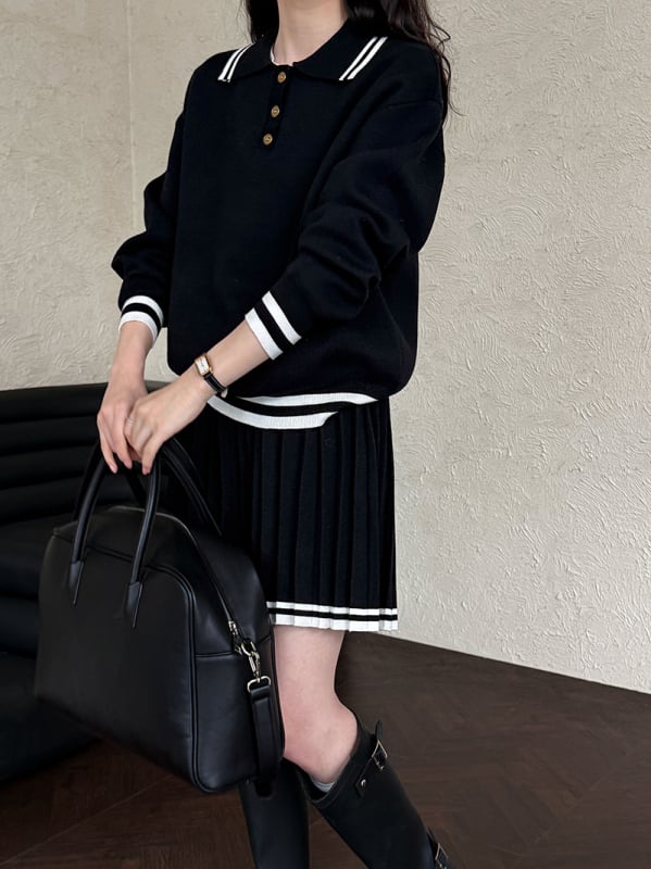 Kostim sa suknjom — pulover s polo-okragnom i plisirana suknja visokog struka, Usklađenost boja, Viskoza 50–70%, Jesen 2025