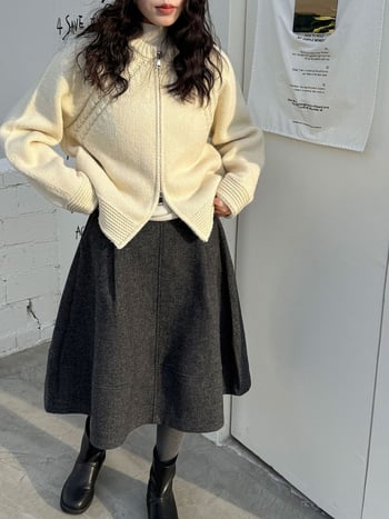Ženska vunena suknja od vune i poliester, visokim pojasom, A-linija, srednja dužina, zimska kolekcija 2025