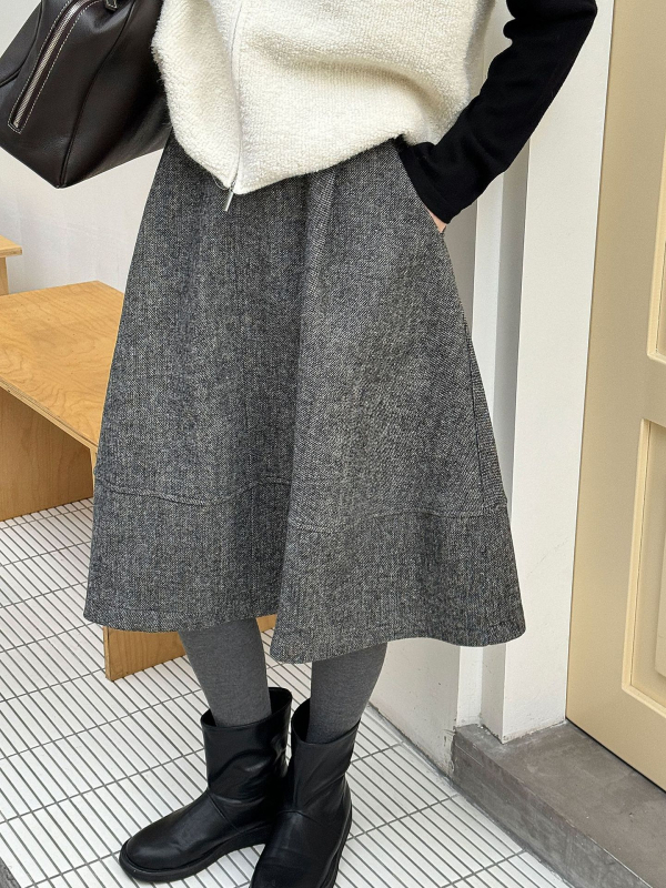 Ženska vunena suknja od vune i poliester, visokim pojasom, A-linija, srednja dužina, zimska kolekcija 2025
