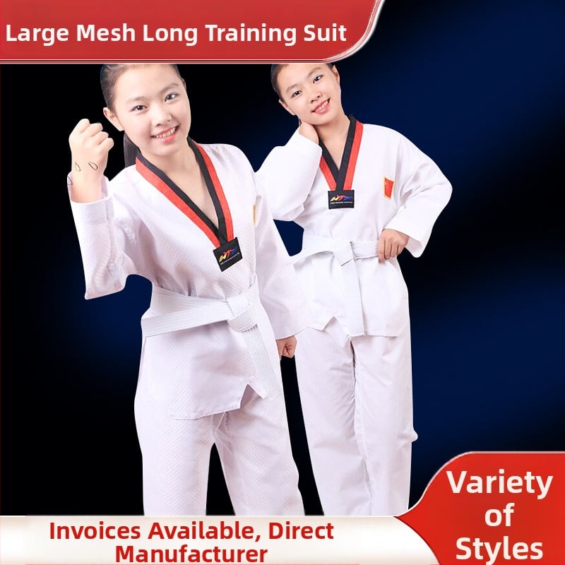 Taekwondo uniforma za odrasle i djecu – veliki mrežasti uzorak, tkanina od pamuk-blend 50% pamuk, podstava od pamuka 50% – za natjecanja i treninge