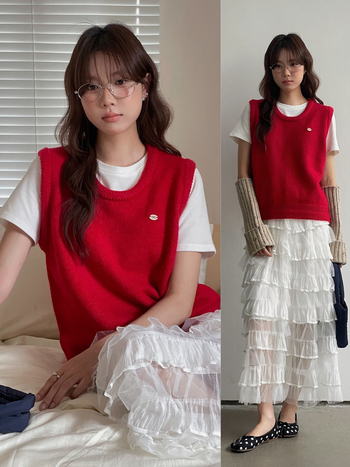 Nylon mellény, color-block mintázat, kerek nyakú, japán-koreai laza stílus