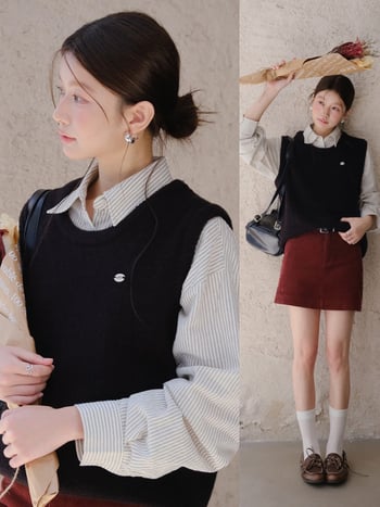 Nylon mellény, color-block mintázat, kerek nyakú, japán-koreai laza stílus