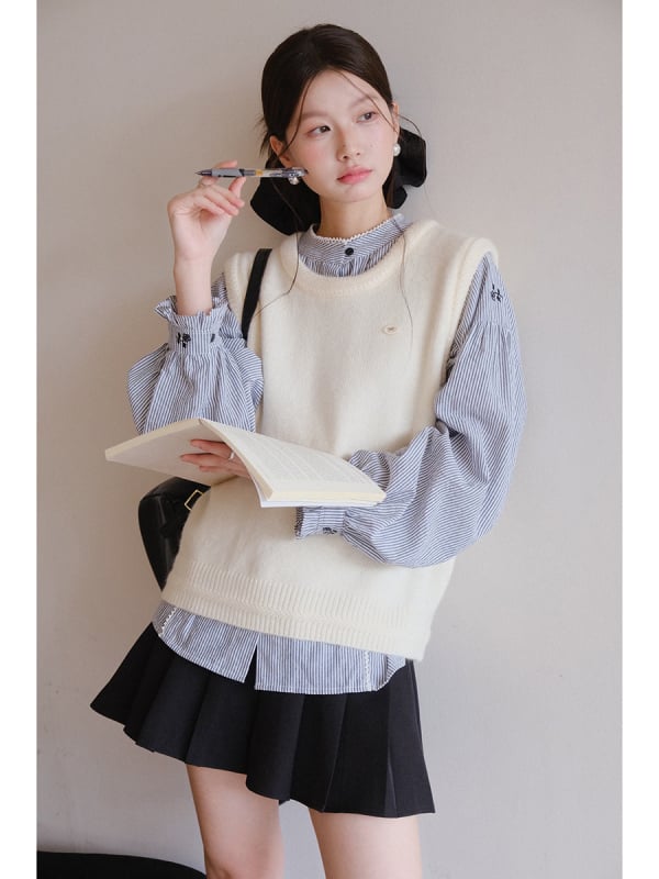 Nylon mellény, color-block mintázat, kerek nyakú, japán-koreai laza stílus