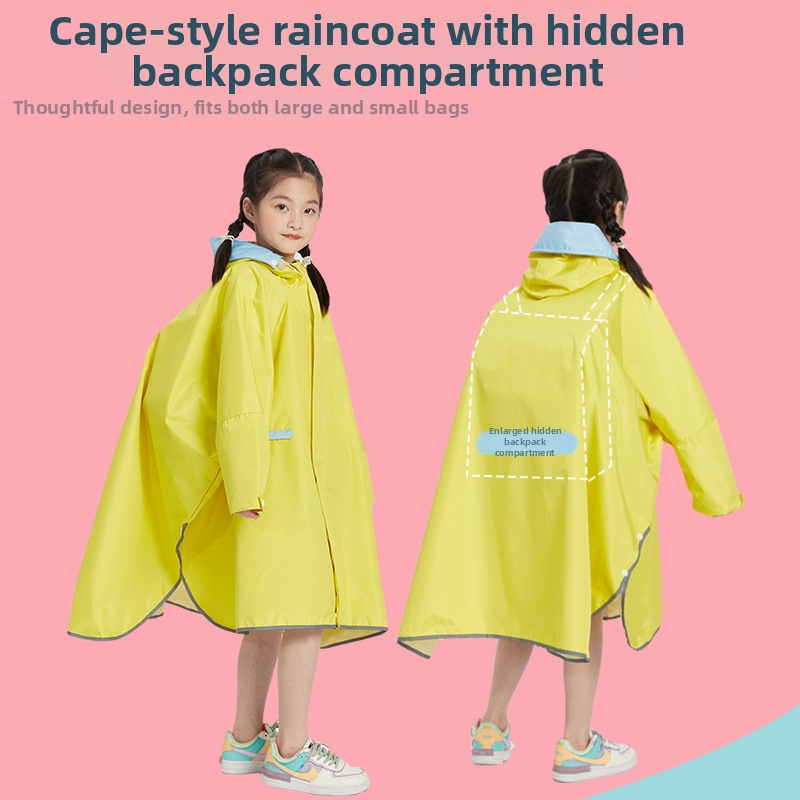 Cape-stil dječji kišni pončo, Chunya Spinning tkanina, vodootporni sloj PVC ljepila, džep za ruksak, otisnut logotip