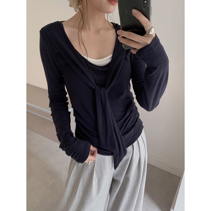 Ženski T‑shirt s dugim rukavima, lažni dvodijelni izgled, blok boja, okrugli izrez, slobodan kroj, N446C