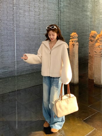 Γυναικείο μπουφάν γούνας από μαλλί Merino, περιεκτικότητα σε μαλλί 95%+, ύφασμα μαλλιού, μακριά μανίκια