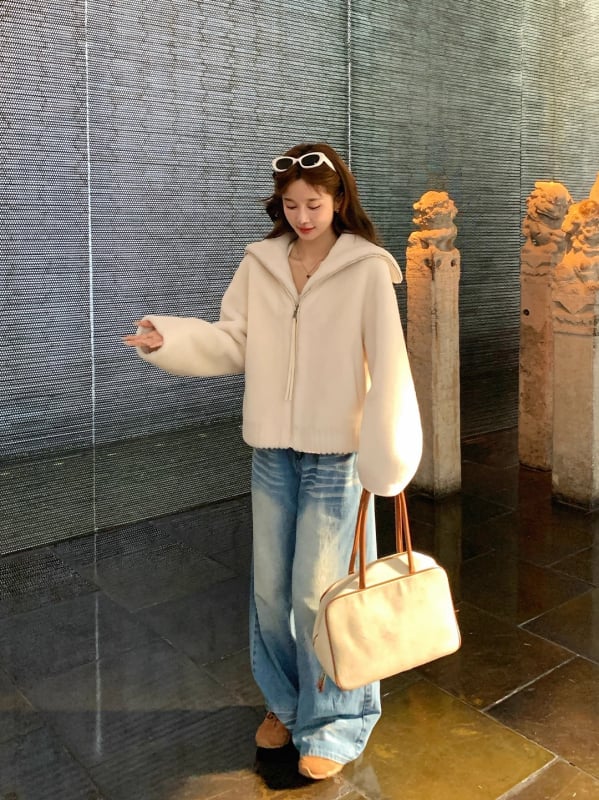 Γυναικείο μπουφάν γούνας από μαλλί Merino, περιεκτικότητα σε μαλλί 95%+, ύφασμα μαλλιού, μακριά μανίκια