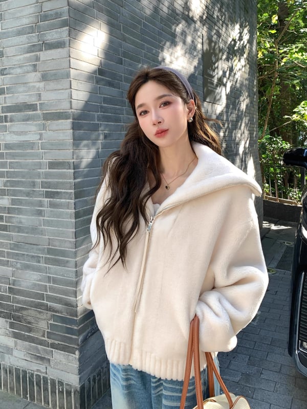 Γυναικείο μπουφάν γούνας από μαλλί Merino, περιεκτικότητα σε μαλλί 95%+, ύφασμα μαλλιού, μακριά μανίκια