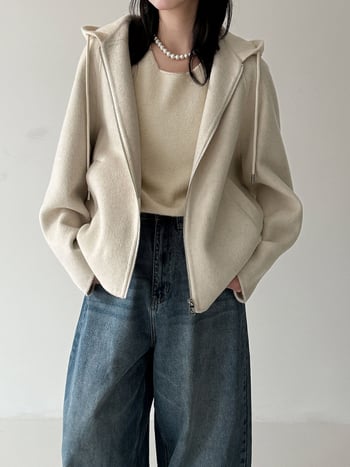 Γυναικείο διπλής όψης μάλλινο πλεκτό παλτό με κουκούλα, φαρδιά εφαρμογή, μεσαίου μήκους, φερμουάρ