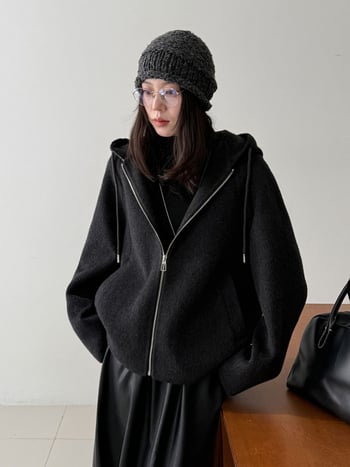 Γυναικείο διπλής όψης μάλλινο πλεκτό παλτό με κουκούλα, φαρδιά εφαρμογή, μεσαίου μήκους, φερμουάρ