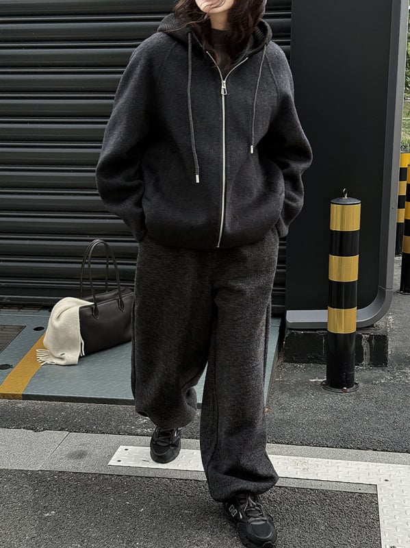 Γυναικείο διπλής όψης μάλλινο πλεκτό παλτό με κουκούλα, φαρδιά εφαρμογή, μεσαίου μήκους, φερμουάρ