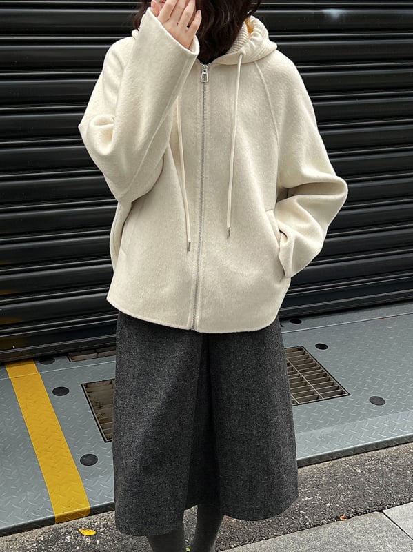 Γυναικείο διπλής όψης μάλλινο πλεκτό παλτό με κουκούλα, φαρδιά εφαρμογή, μεσαίου μήκους, φερμουάρ