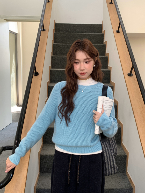 Γυναικείος πουλόβερ με κουκούλα από μαλλί-μίγμα, στρογγυλός λαιμός, μακριά μανίκια, καθημερινό μινιμαλιστικό στυλ