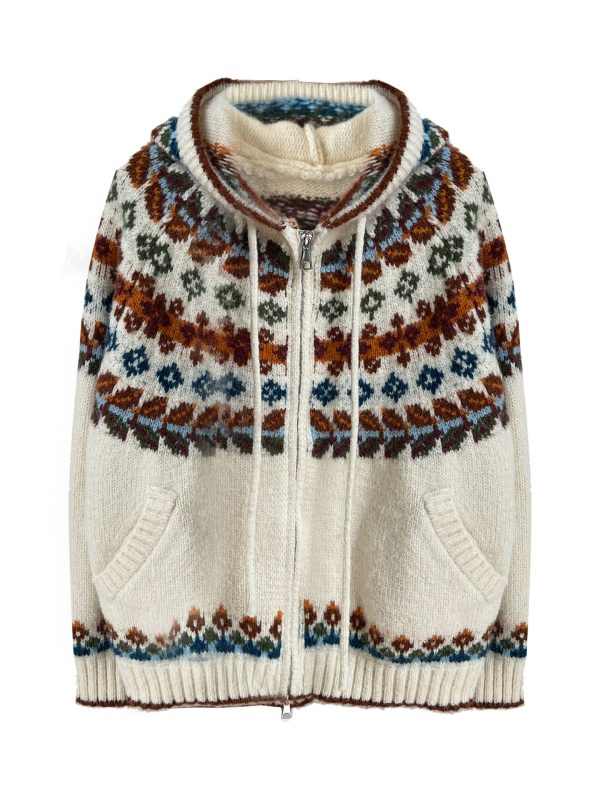 Ζακετάκι πλεκτό με κουκούλα, ζωικό μοτίβο (τζακάρ); ύφασμα ακρυλικό-πολυεστέρας; άνετη γραμμή; μακριά μανίκια; φερμουάρ.