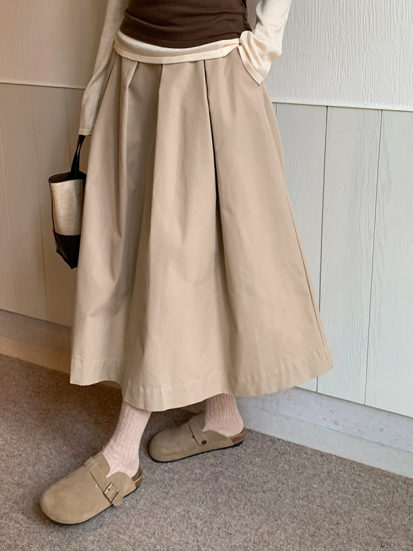 Suknja u obliku kišobrana, srednja duljina, visoki struk, elegantan korejsko-japanski ležerni stil, tkanina obrađena toplinskom obradom