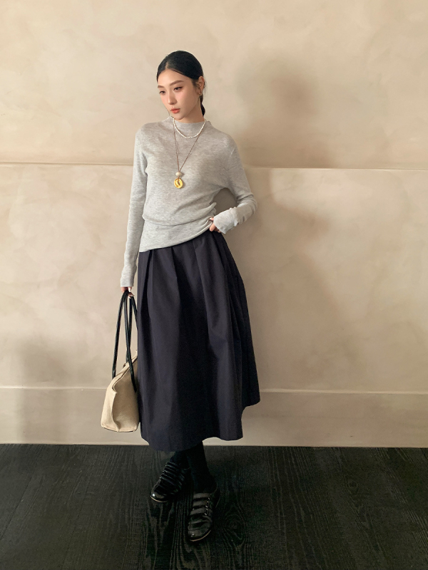 Suknja u obliku kišobrana, srednja duljina, visoki struk, elegantan korejsko-japanski ležerni stil, tkanina obrađena toplinskom obradom