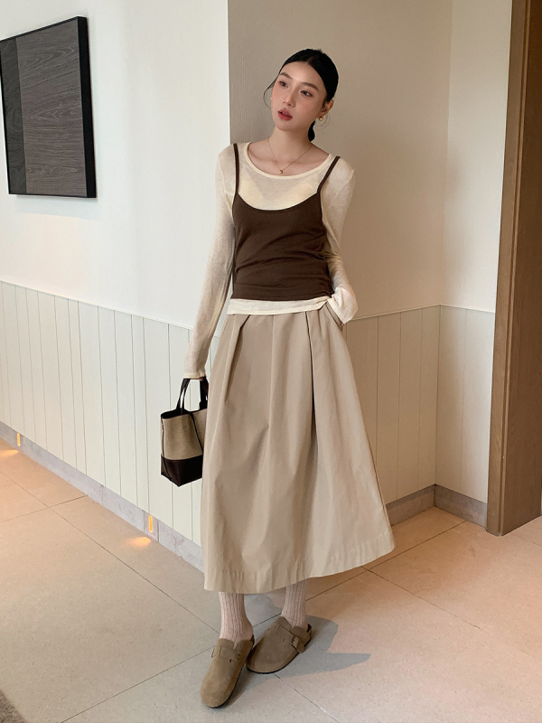 Suknja u obliku kišobrana, srednja duljina, visoki struk, elegantan korejsko-japanski ležerni stil, tkanina obrađena toplinskom obradom