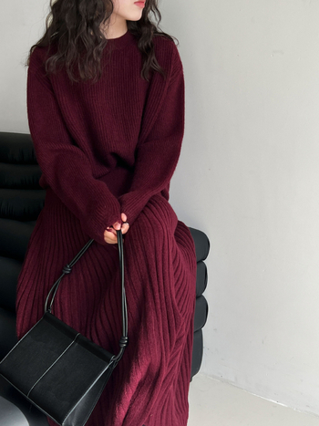 Set suknje i pulovera: pulover s okruglim izrezom + plisirana midi suknja visokih struka, jednobojni, akril vlakno, japansko-korejski ležerni stil (Zima 2025)