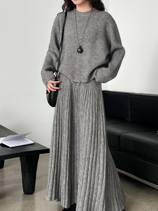 Set suknje i pulovera: pulover s okruglim izrezom + plisirana midi suknja visokih struka, jednobojni, akril vlakno, japansko-korejski ležerni stil (Zima 2025)