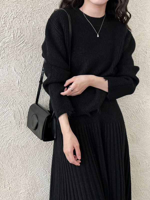 Set suknje i pulovera: pulover s okruglim izrezom + plisirana midi suknja visokih struka, jednobojni, akril vlakno, japansko-korejski ležerni stil (Zima 2025)