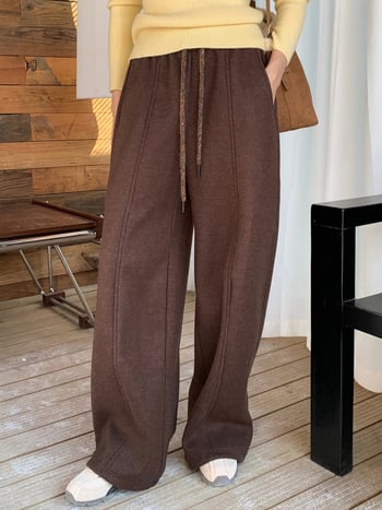 Γυναικείες casual παντελόνες με ψηλή μέση, χοντρό πλεκτό ύφασμα, φαρδιά ίσια γραμμή, με ζώνη, μακριές 0732