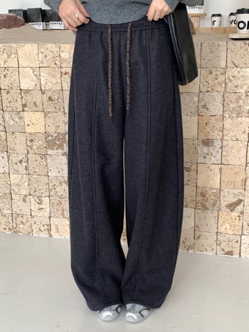 Γυναικείες casual παντελόνες με ψηλή μέση, χοντρό πλεκτό ύφασμα, φαρδιά ίσια γραμμή, με ζώνη, μακριές 0732