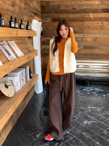 Γυναικείες casual παντελόνες με ψηλή μέση, χοντρό πλεκτό ύφασμα, φαρδιά ίσια γραμμή, με ζώνη, μακριές 0732