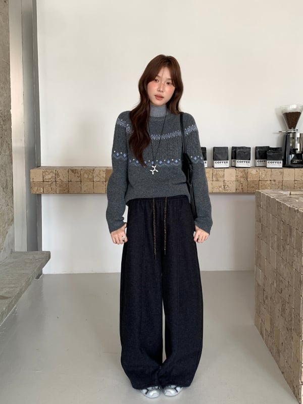 Γυναικείες casual παντελόνες με ψηλή μέση, χοντρό πλεκτό ύφασμα, φαρδιά ίσια γραμμή, με ζώνη, μακριές 0732